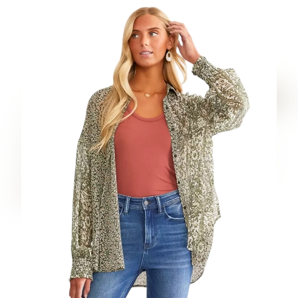 Acoa Tops - Acoa Floral Woven Sheer Chiffon Blouse Loose Size S